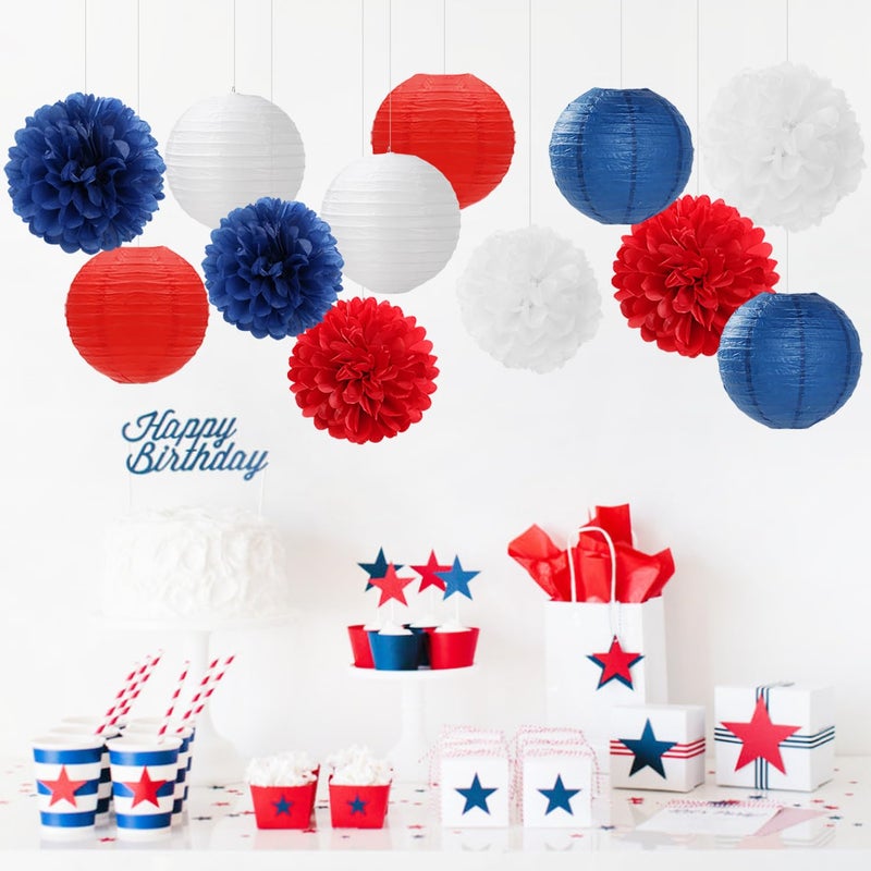 Hugfond Fourth-4th Of July Imemorial-Day Party-Decorations - 15pcs Red White Blue Paper-Flowers Lanterns,Patriotic Graduation Tissue Pom Poms Streamers,Independence Veterans Hanging Supplies Decor Hugfond - Image 2